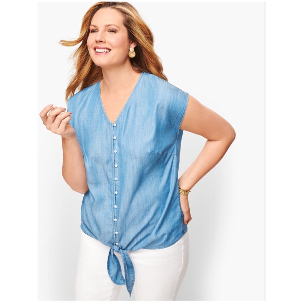 Talbots Women's V-Neck Cap‎ Sleeve Denim Casual Button Up Shirt Blue Size Small